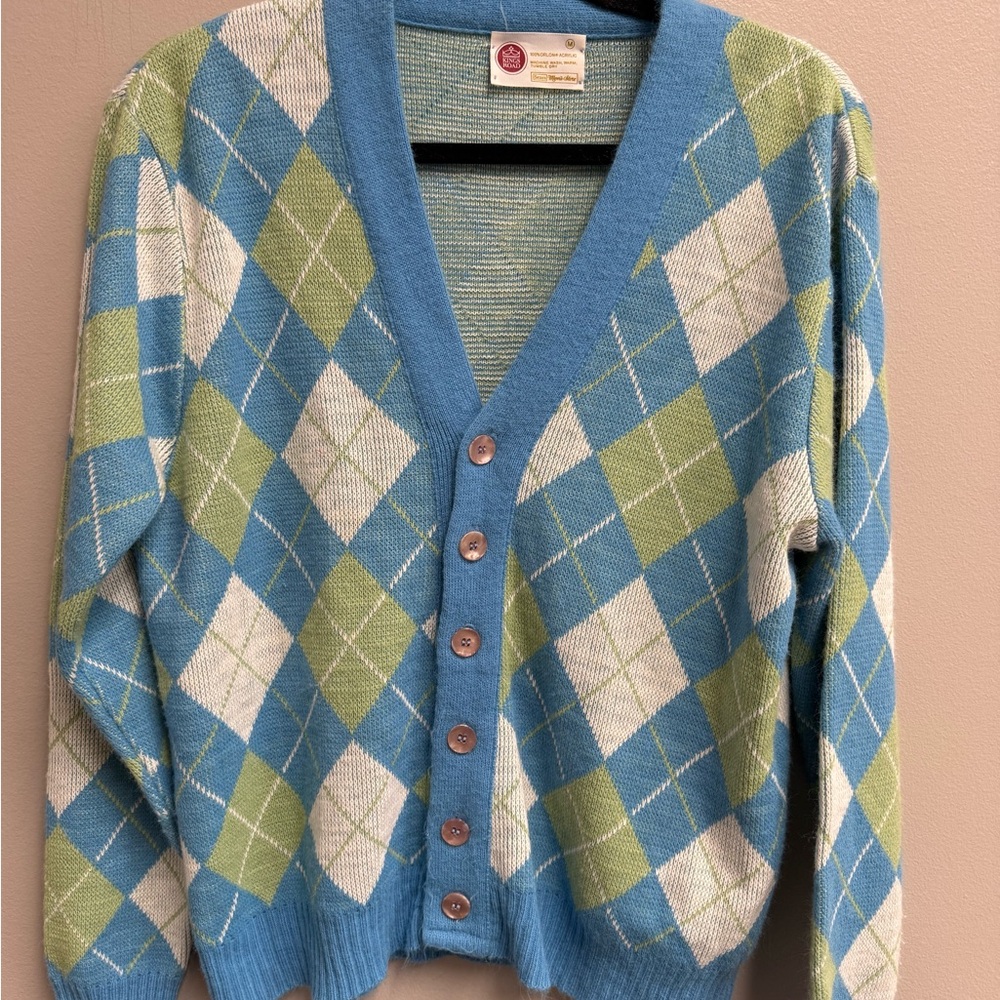 Vintage 70’s SEARS KINGS ROAD Men's Argyle Cardigan Sweater MEDIUM grandpacore